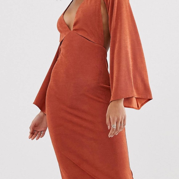 ASOS DESIGN twist back open back midi dress in rust - Picture 1 of 3